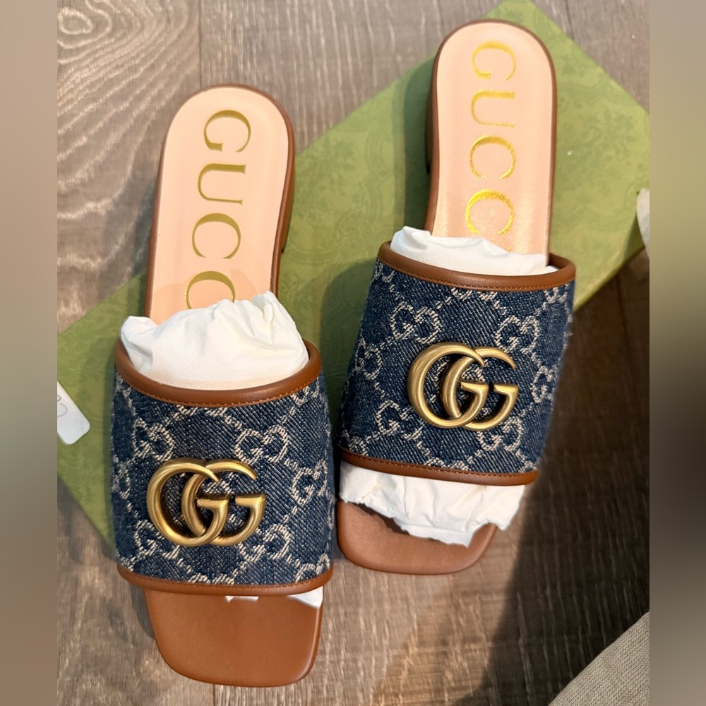 Gucci Denim and Gold Slide Sandals